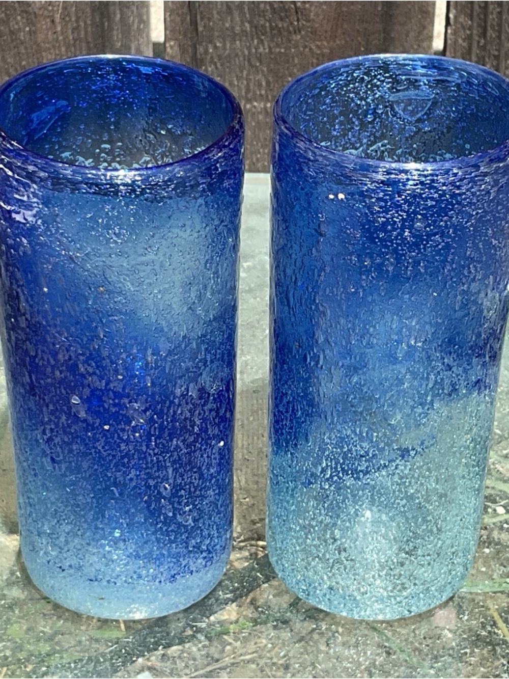 (2) VTG Pulegoso Italian Vases Blue & White Textured Bubble Art Glass 6”